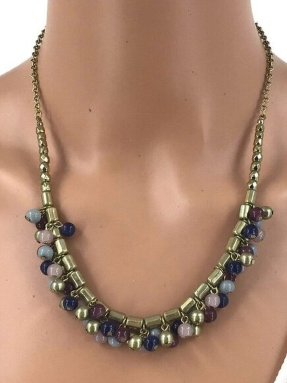 Taramanda Necklace Multi color Beaded Fringe Gold Tone Chain Adjustable Length